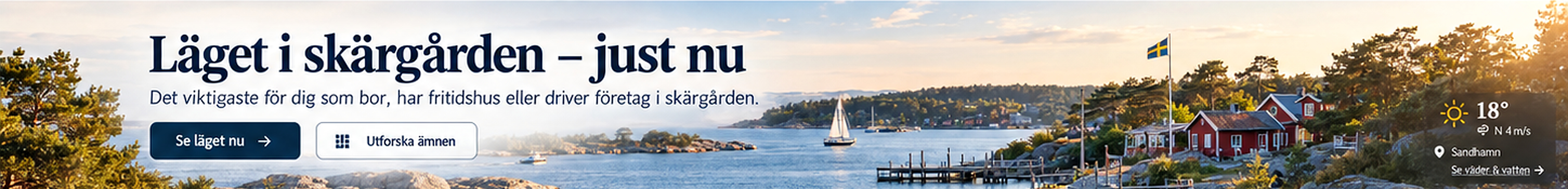 Skärgårdsvy i kvällsljus med segelbåt och röda hus